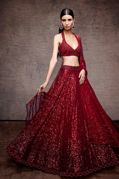 Modern Indian Bridalwear: Red Bridal Dabka & Sequin Lehenga Choli – B Anu  Designs