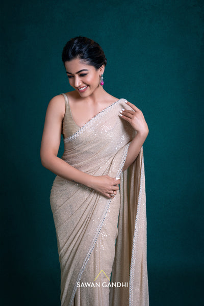 Designer Beige Net Sequins Saree With Unstitched Blouse – Odette