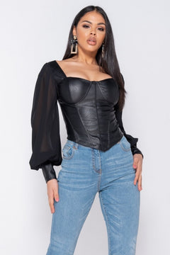 Black PU Corset Detail Top With Sheer Sleeves