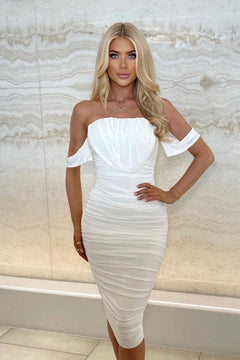 Off White Slinky Ruched Off The Shoulder Midi Dress