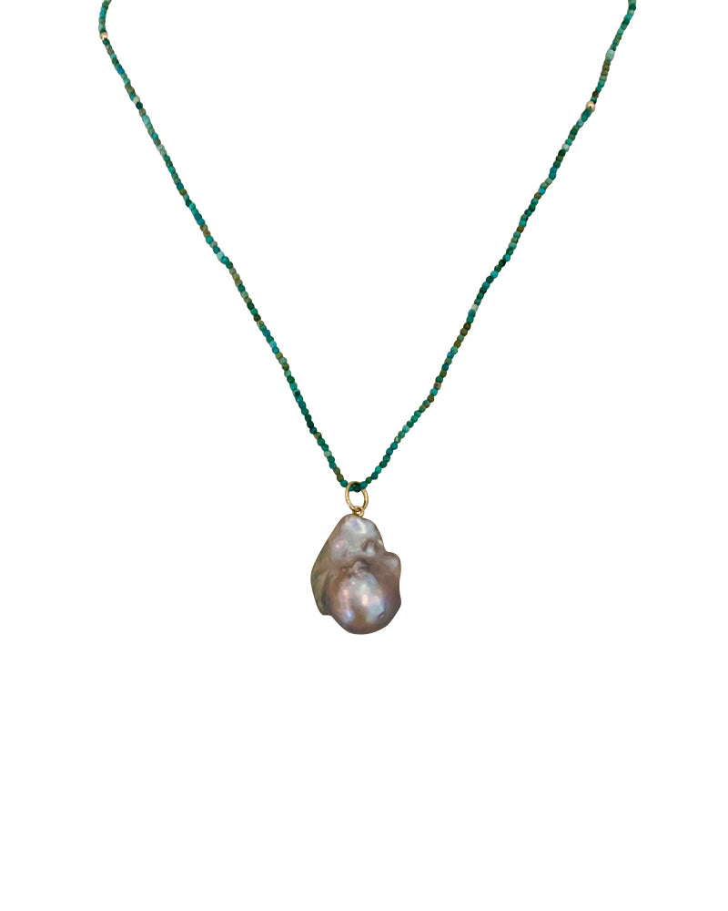 Tiny Turquoise with 14k gold beads with Grey Baroque Pearl Drop