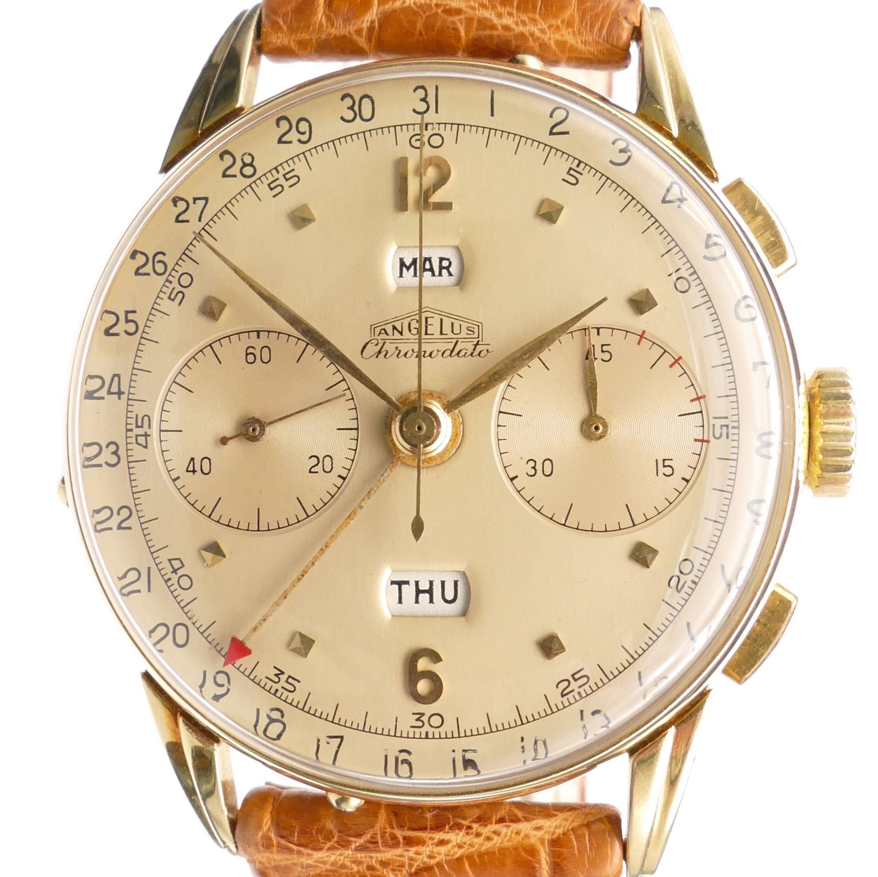 cykel Tips sanger Angelus Chronodato Large 38mm Solid 18K Gold Triple Date Chronograph –  Timeplex