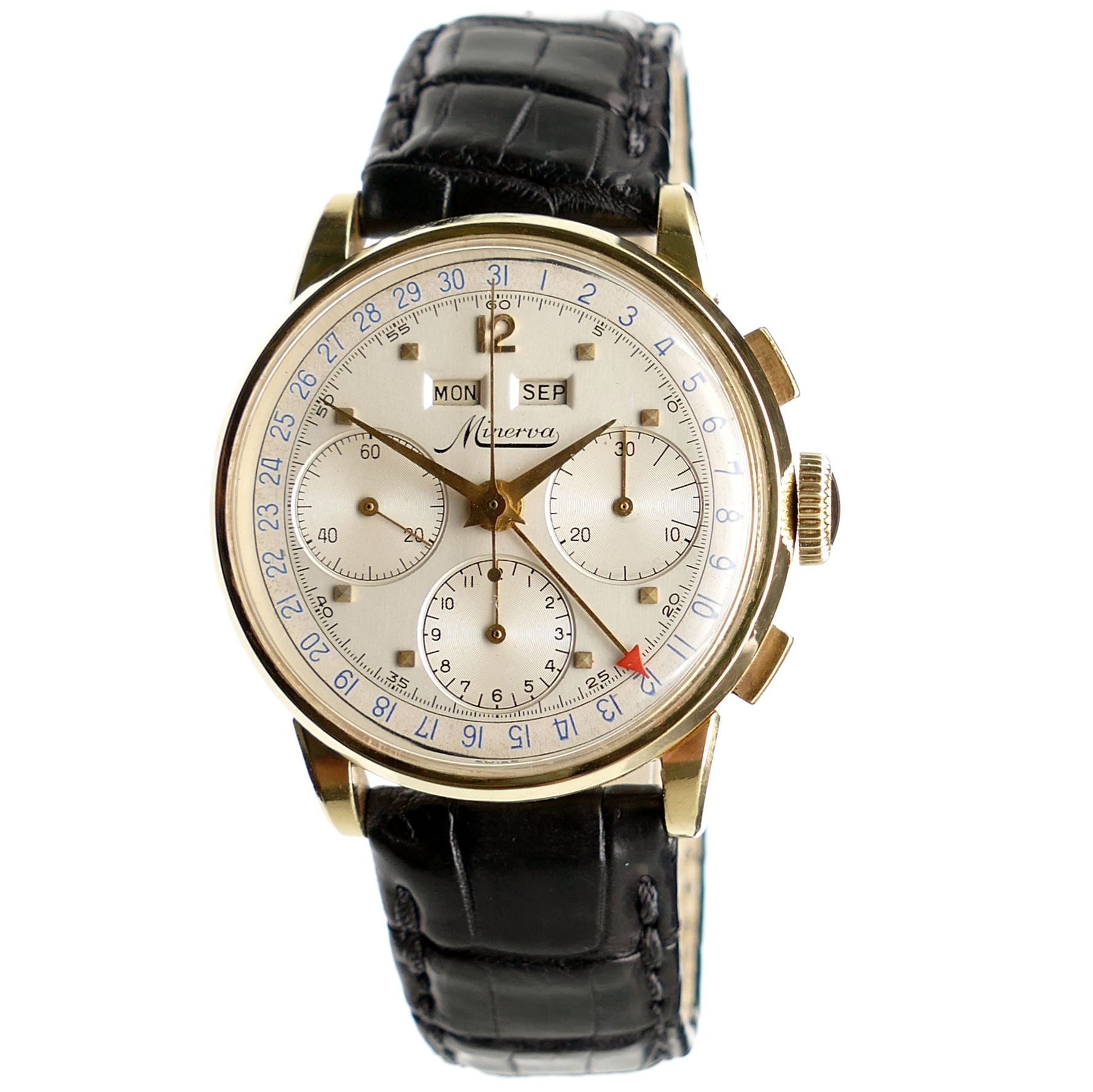 Minerva 18K Solid Gold Chronograph with Box – Timeplex