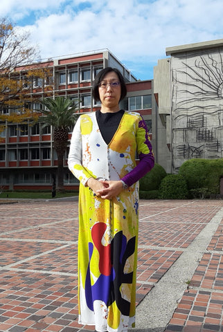 Madoka Miwa wearing the UNISSOGRAFF LADIES CARDIGAN DRESS for UGANDA