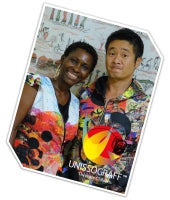 Embajadores de Unissograff Tosha Maggy y Shingo Ogawa con ropa de Unissograff