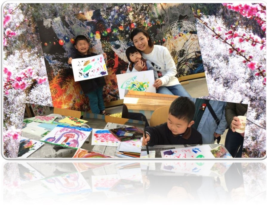 Collage de imágenes del taller de arte de Unissograff Rakugaki celebrado con NPO Hanamiyama Conservation Group