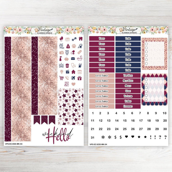 Happy New Year Essentials Weekly Sticker Kit | EC Style | VERTICAL | 4 Sheet Kit - Vintage Planner Studio