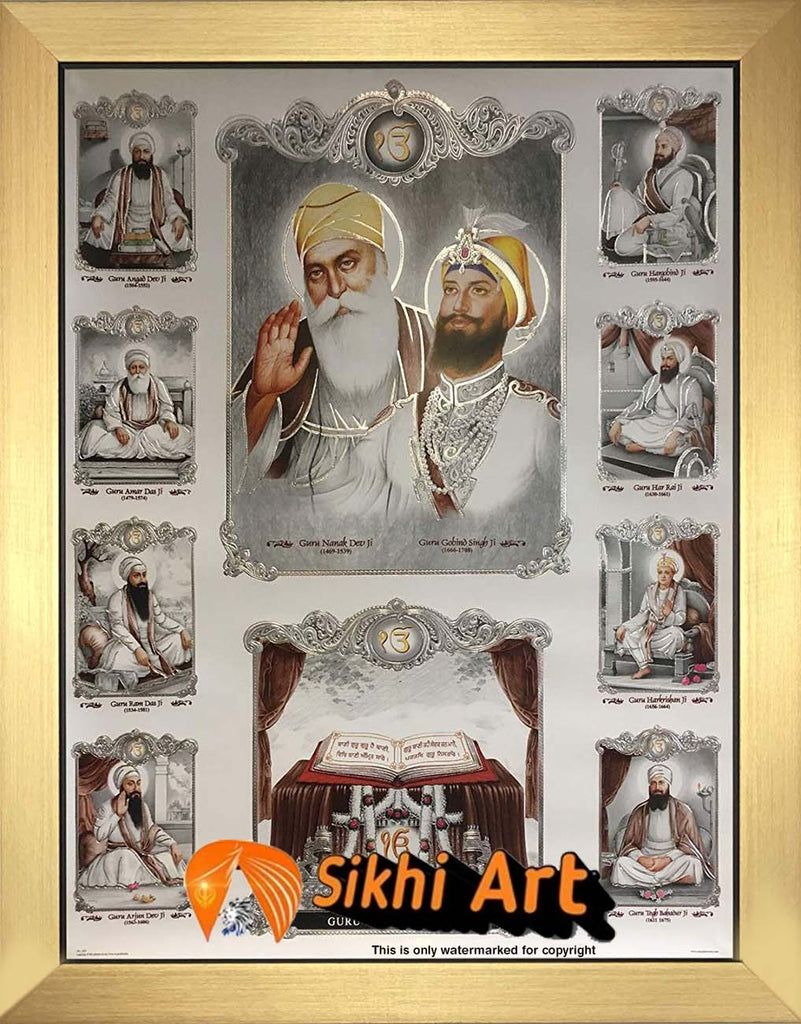 Ten Sikh Gurus With Guru Granth Sahib Ji Photo And Picture Frame Sikhiart