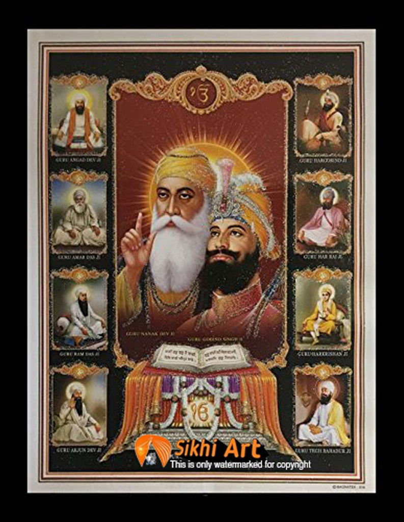 10 Sikh Gurus With Guru Granth Sahib Ji Photo Picture Framed - 20 ...