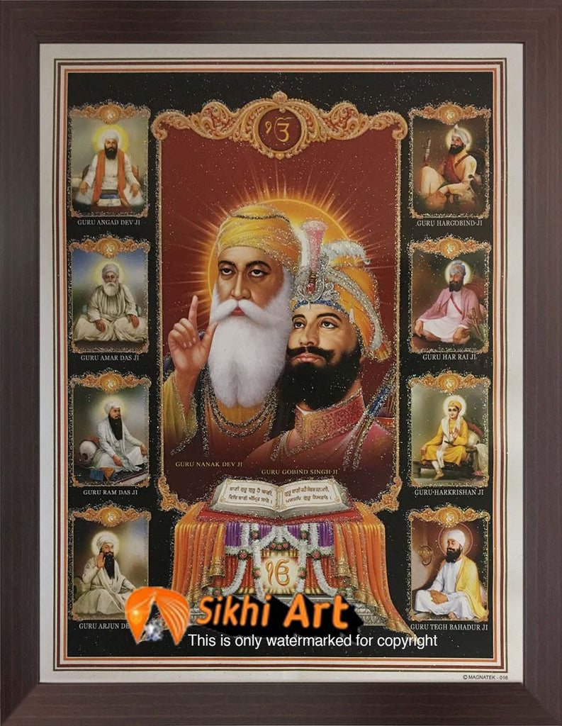 10 Sikh Gurus With Guru Granth Sahib Ji Photo Picture Framed - 20 ...