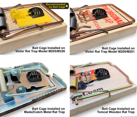 bait cage attachment installed on 4 different types of snap traps including victor easy set and metal pedal