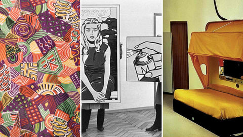 Beispiele für Muster der 1960er Jahre, Bilder von Roy Lichtenstein und Designs von Joe Colombo