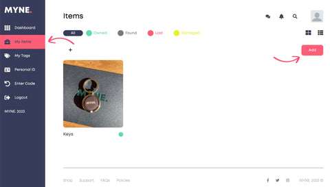 Screenshot of how to add an item to the MYNE platform