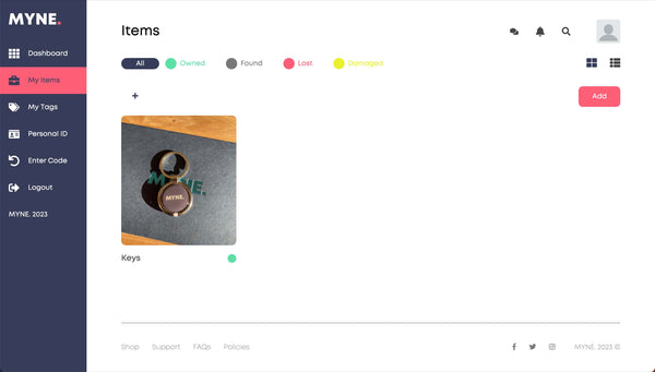 Screenshot of Myne's lost and found site showing my the items someone owns