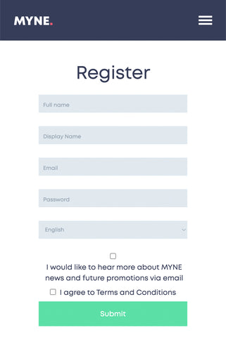 Screenshot of the MYNE register page