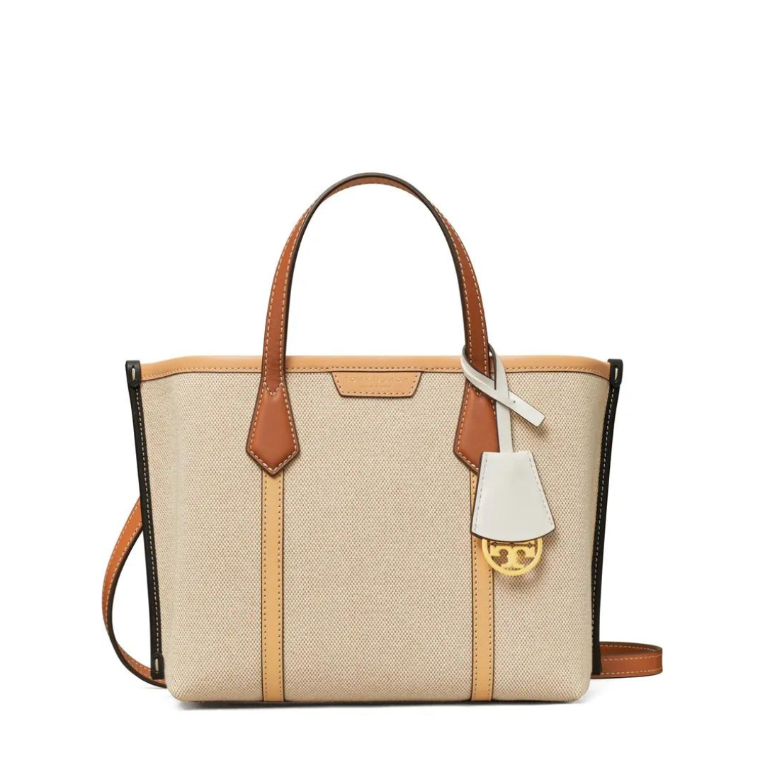 Tory Burch Perry Canvas Triple Compartment Small Tote- Natural/Multi