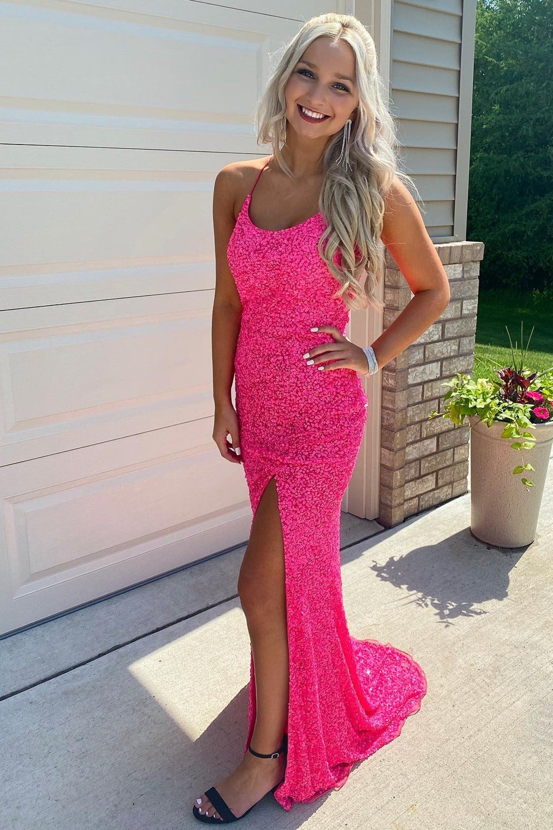 Glitter Hot Pink Mermaid Sparkly Prom Dresses with Slit, Long Evening ...