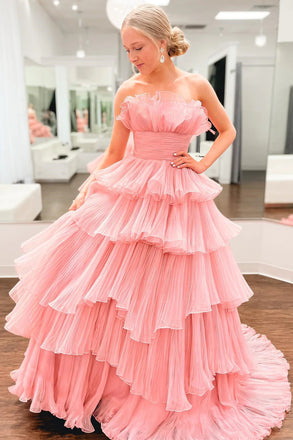 Fashion Hot Pink A Line Tulle Long Prom Dress Layered Ruffles Evening –  Okdresses