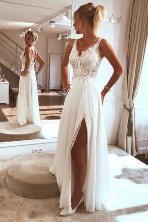 Modest Sweetheart Neck Lace Bridal Dress Beach Wedding Dresses With Slit  AWD1595