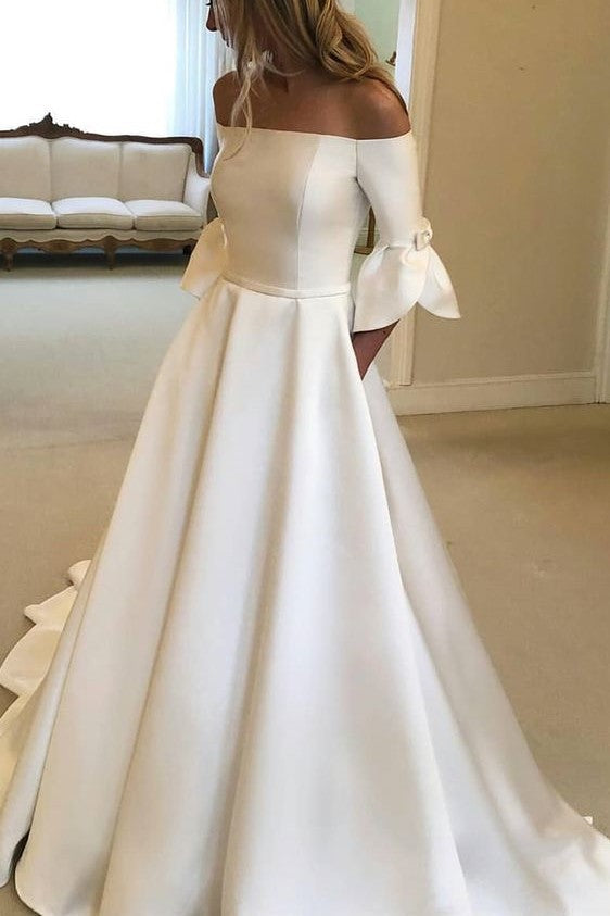 Petal Half Sleeves A Line Satin Off-the-shoulder Wedding Dress Long Br ...