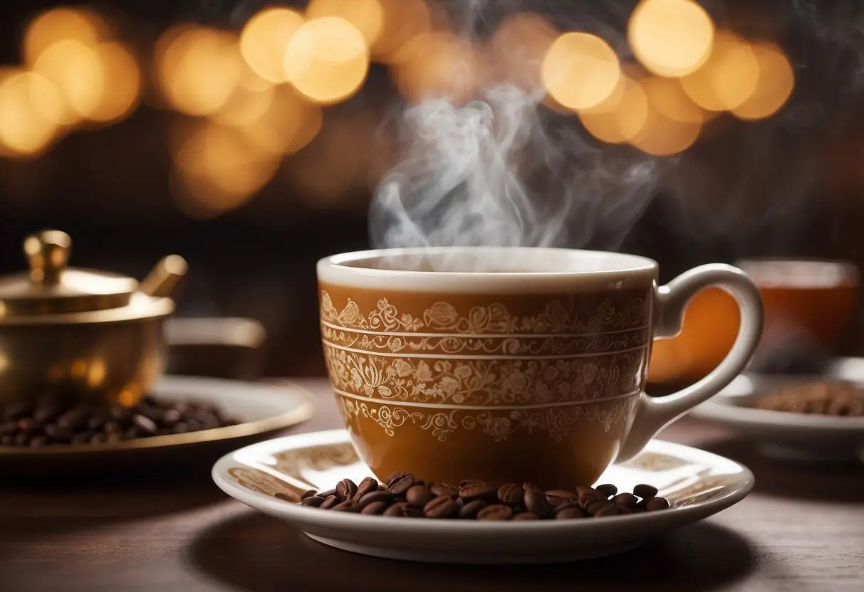 A steaming mug of decaffeinated chai tea sits on a table, surrounded by a variety of tea options