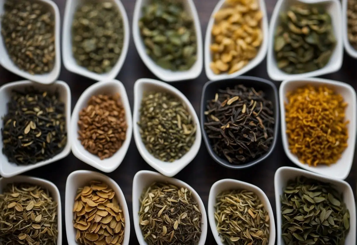 A display of various oolong tea leaves in different shades and textures