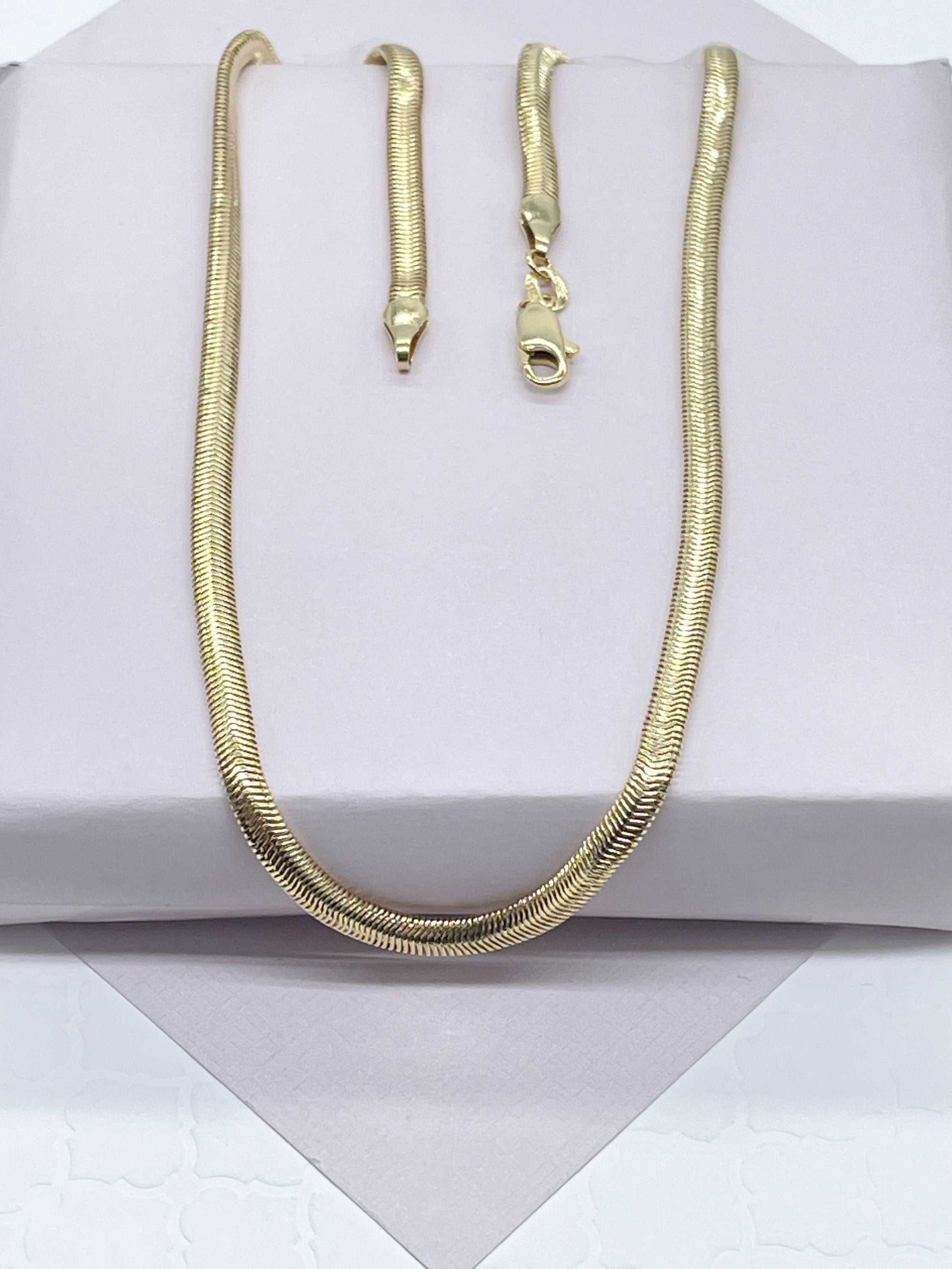 SOLID 14K YELLOW GOLD FLAT SNAKE CHAIN 16 INCH 3mm HERRINGBONE OMEGA  NECKLACE