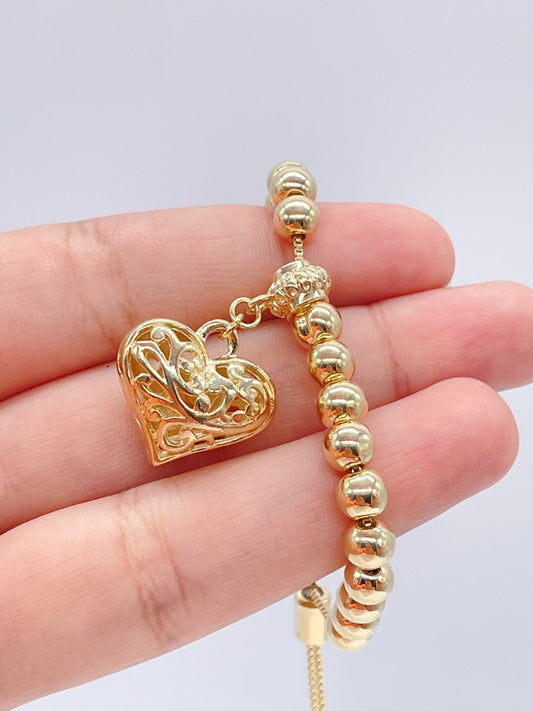 18K Gold Layered Textured Link Charm Bracelet with Puffy Heart, Lady Bug & Flower Charms Wholesale Jewelry