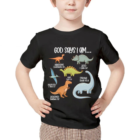 "God Says I'm..." Dino Theme Print Boy's Short Sleeve T-shirt