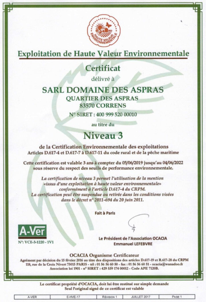Certification HVE niveau 3 du Domaine des Aspras, à Correns