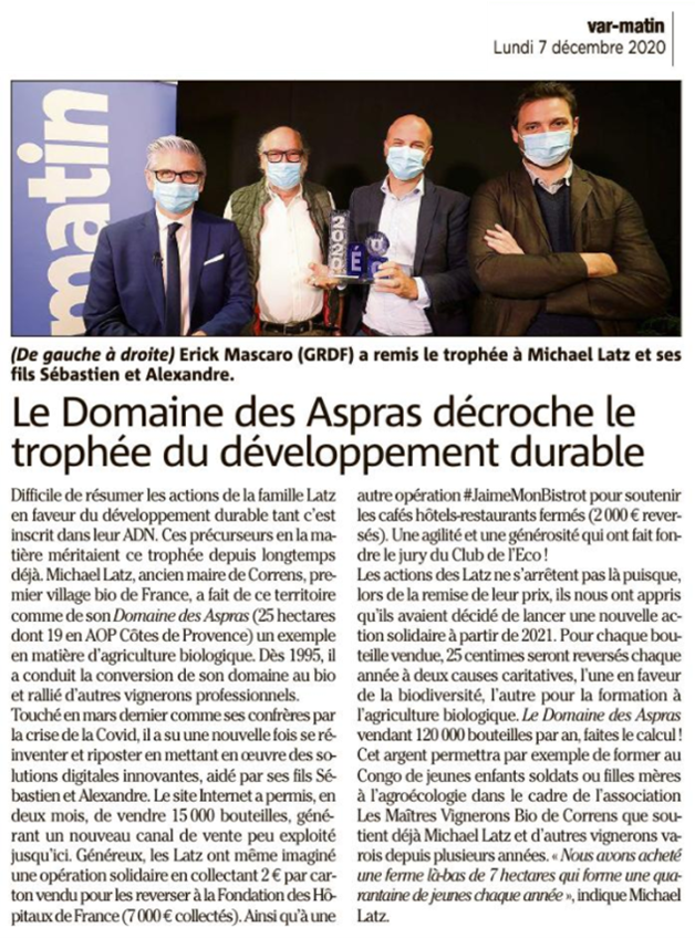 Var Matin, 07 décembre 2020, Le Domaine des Aspras reçoit le trophée de l'année "Développement Durable"