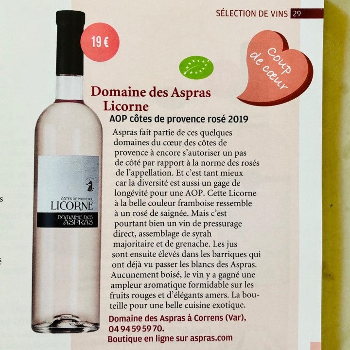 Licorne, Rosé, Côtes de Provence, Domaine des Aspras, critique parue dans le journal La Provence, A Table, Juillet 2020