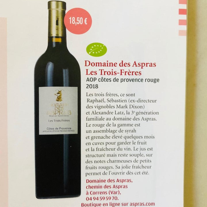 Les Trois Frères, Rouge, Côtes de Provence, Domaine des Aspras, critique parue dans le journal La Provence, A Table, Juillet 2020