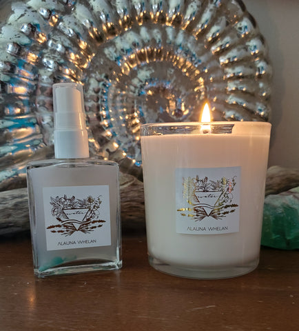 luxury water sign soy candle and ritual mist with mirrored shell in background