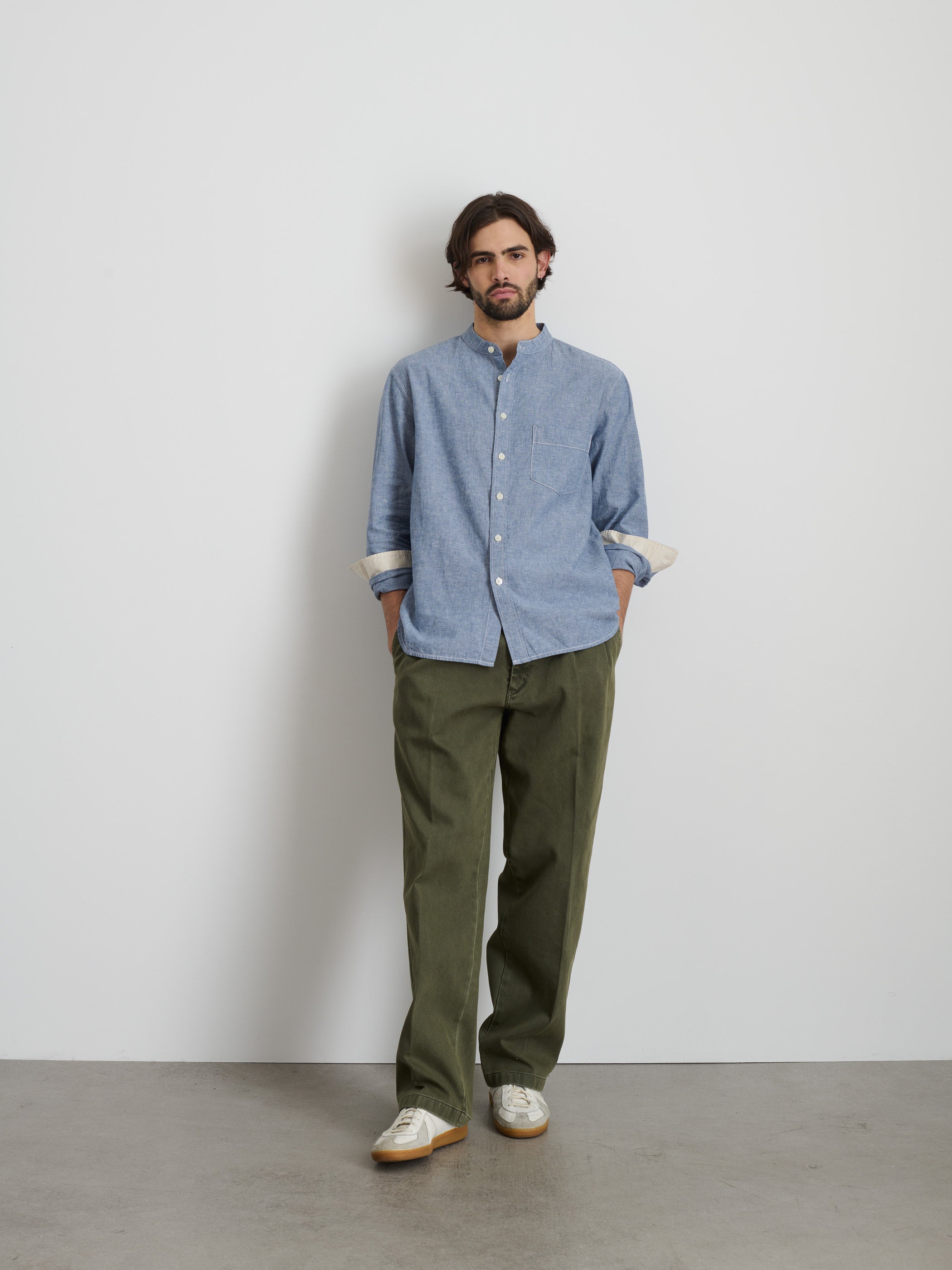 Shop Alex Mill Easy Band Collar Shirt In Chambray In Blue Chambray