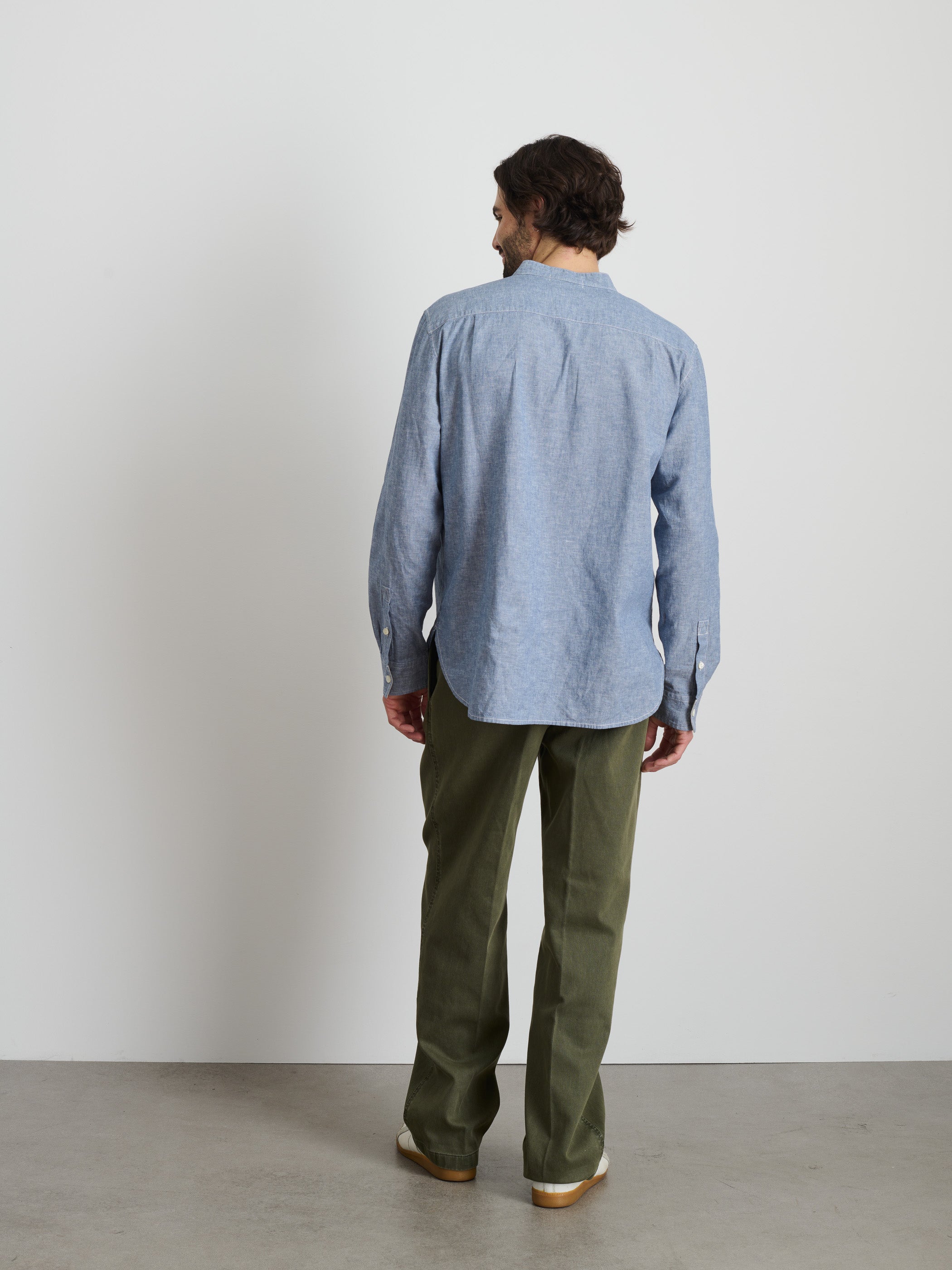 Shop Alex Mill Easy Band Collar Shirt In Chambray In Blue Chambray