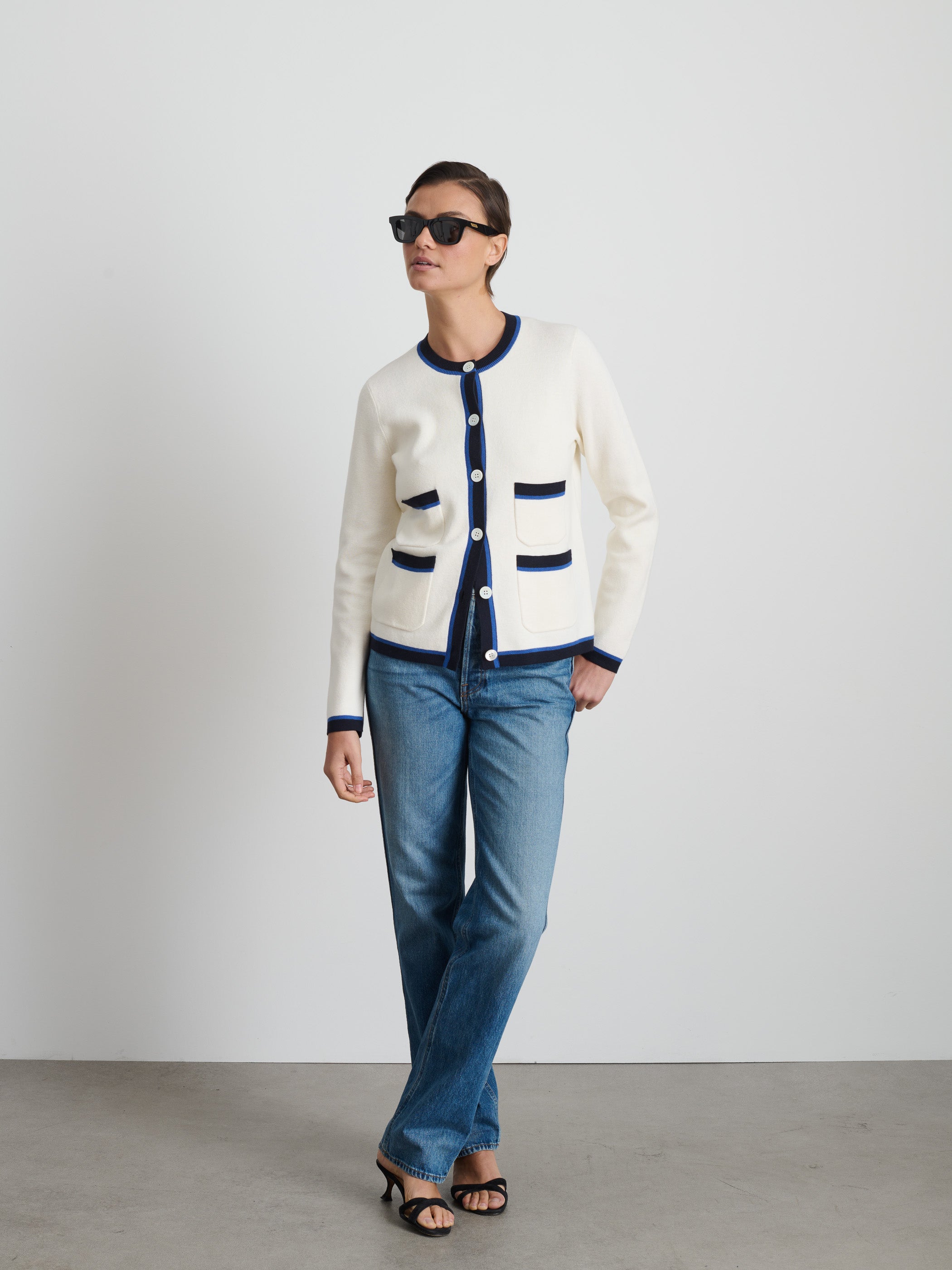 Shop Alex Mill Camille Tipped Cardigan In Ivory/navy/blue