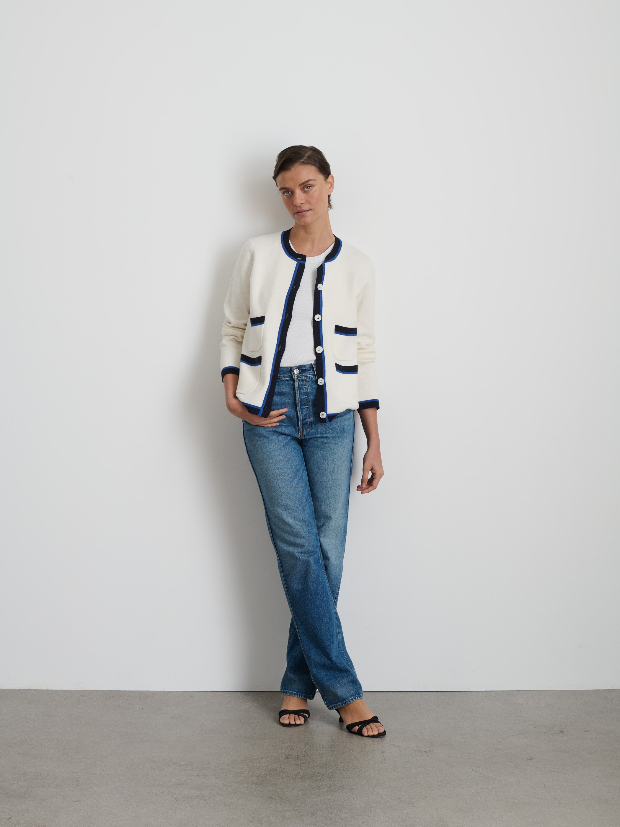 Shop Alex Mill Camille Tipped Cardigan In Ivory/navy/blue