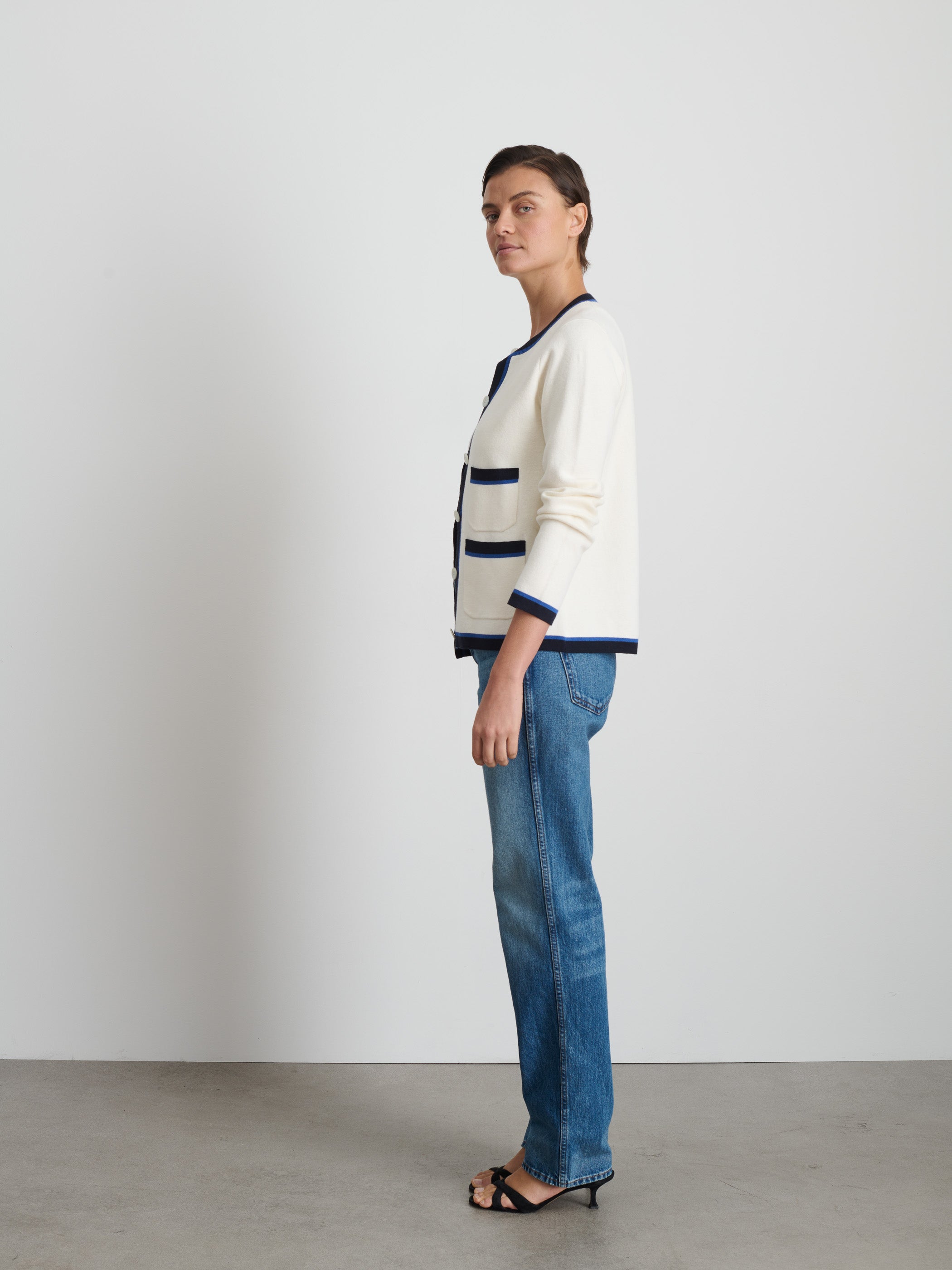 Shop Alex Mill Camille Tipped Cardigan In Ivory/navy/blue