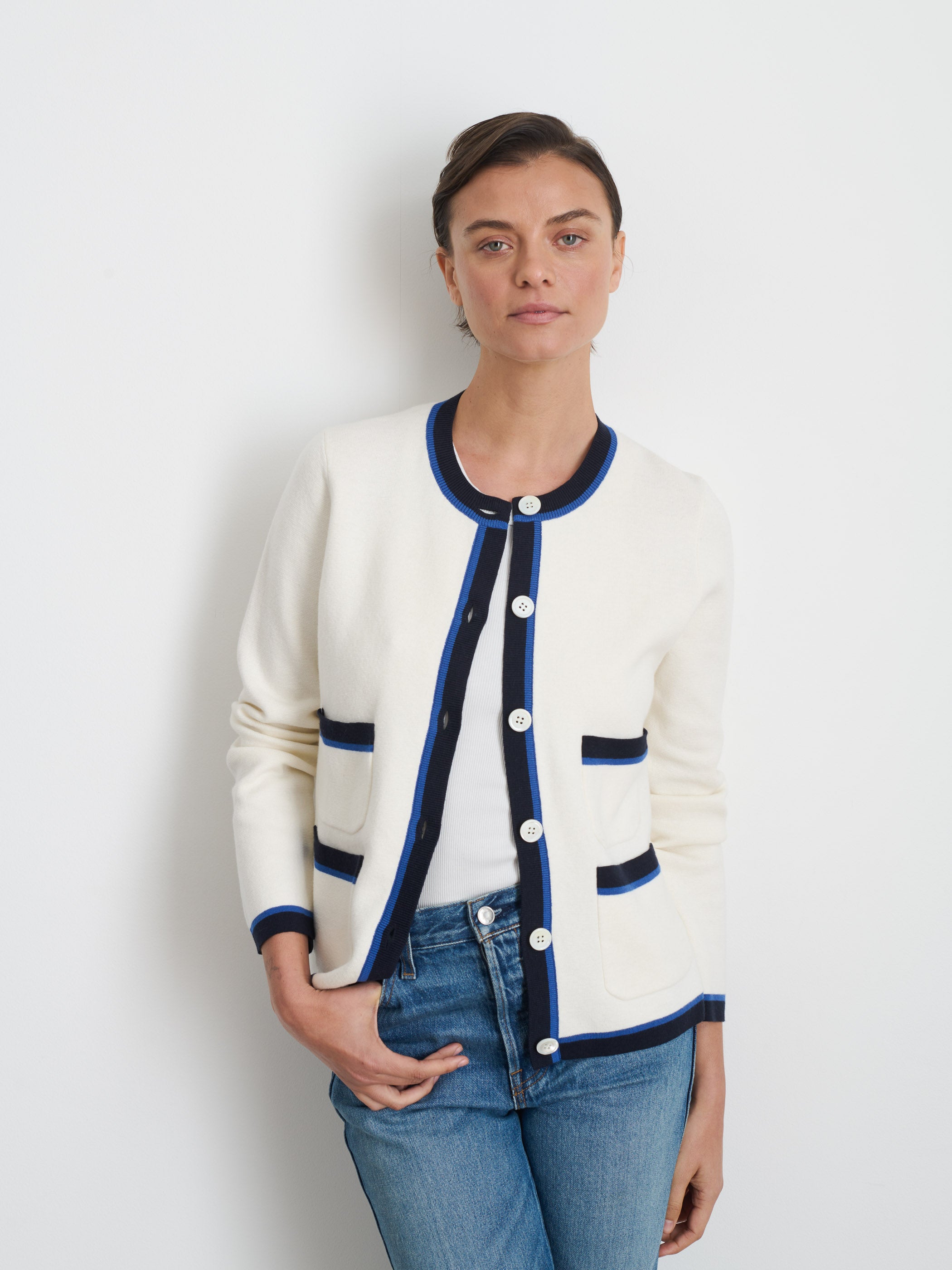 Shop Alex Mill Camille Tipped Cardigan In Ivory/navy/blue