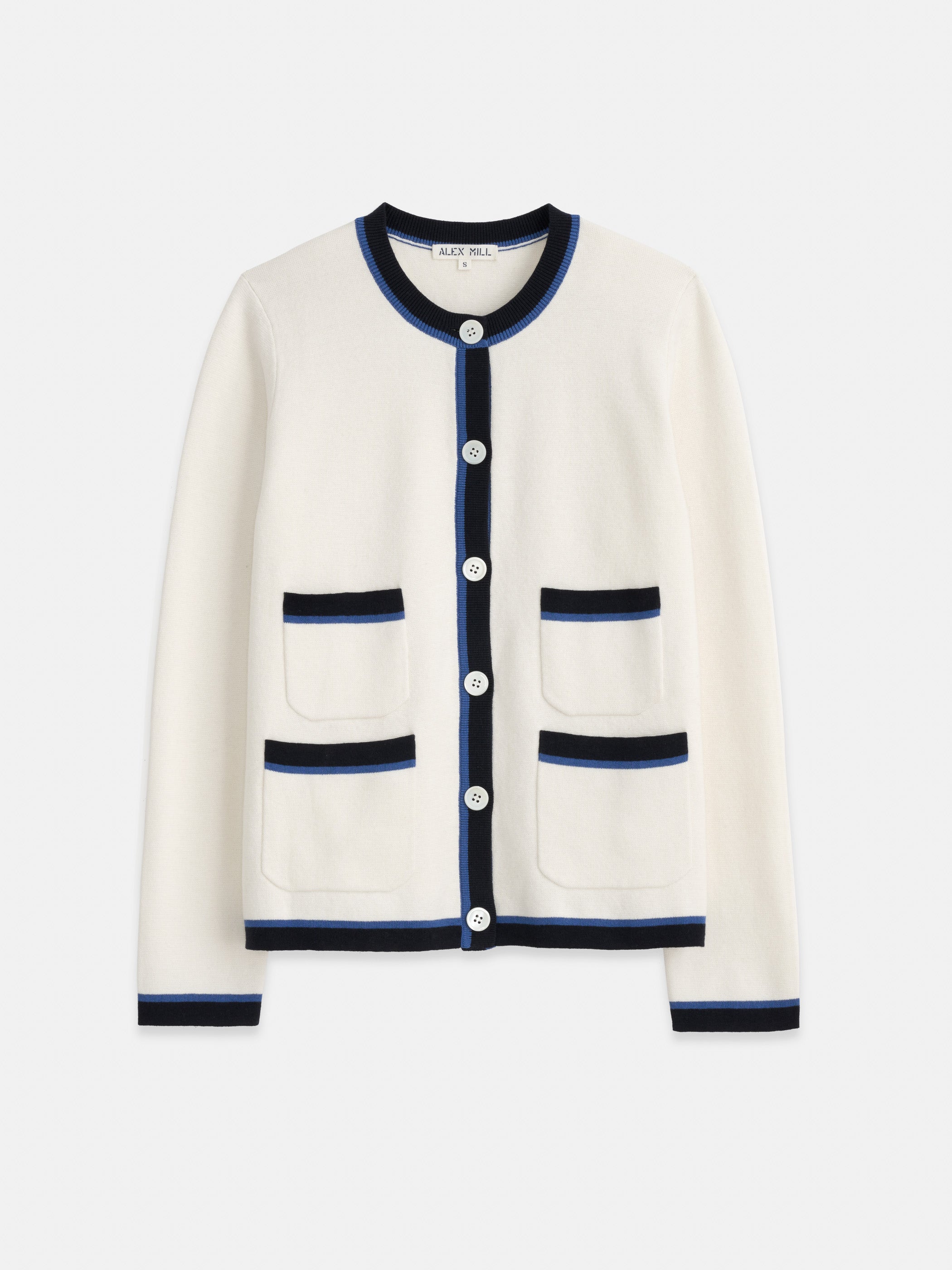 Shop Alex Mill Camille Tipped Cardigan In Ivory/navy/blue