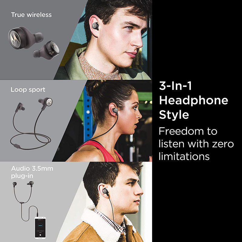 Motorola Tech3 3-in-1 Smart True Wireless Headphones Sweatproof, Built-in Mic