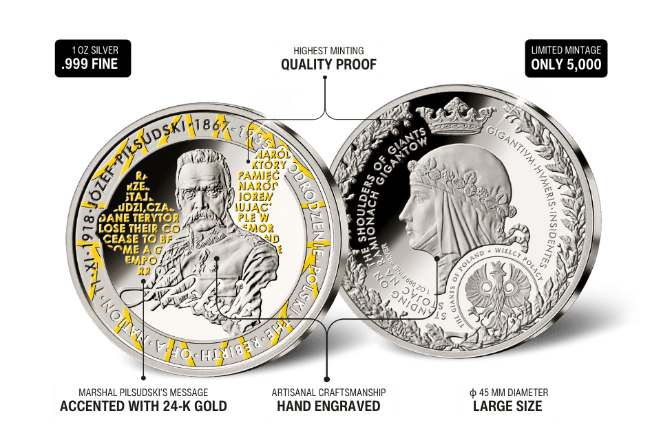 Jozef Pilsudski 1 oz .999 Silver Proof 45 mm 24-ct Gold Accents