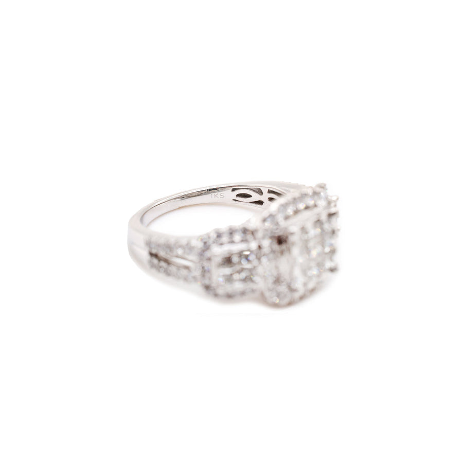 Ladies 10K White Gold 1.75 Carats Diamond Engagement Ring, Halo Diamond Cluster Engagement Ring