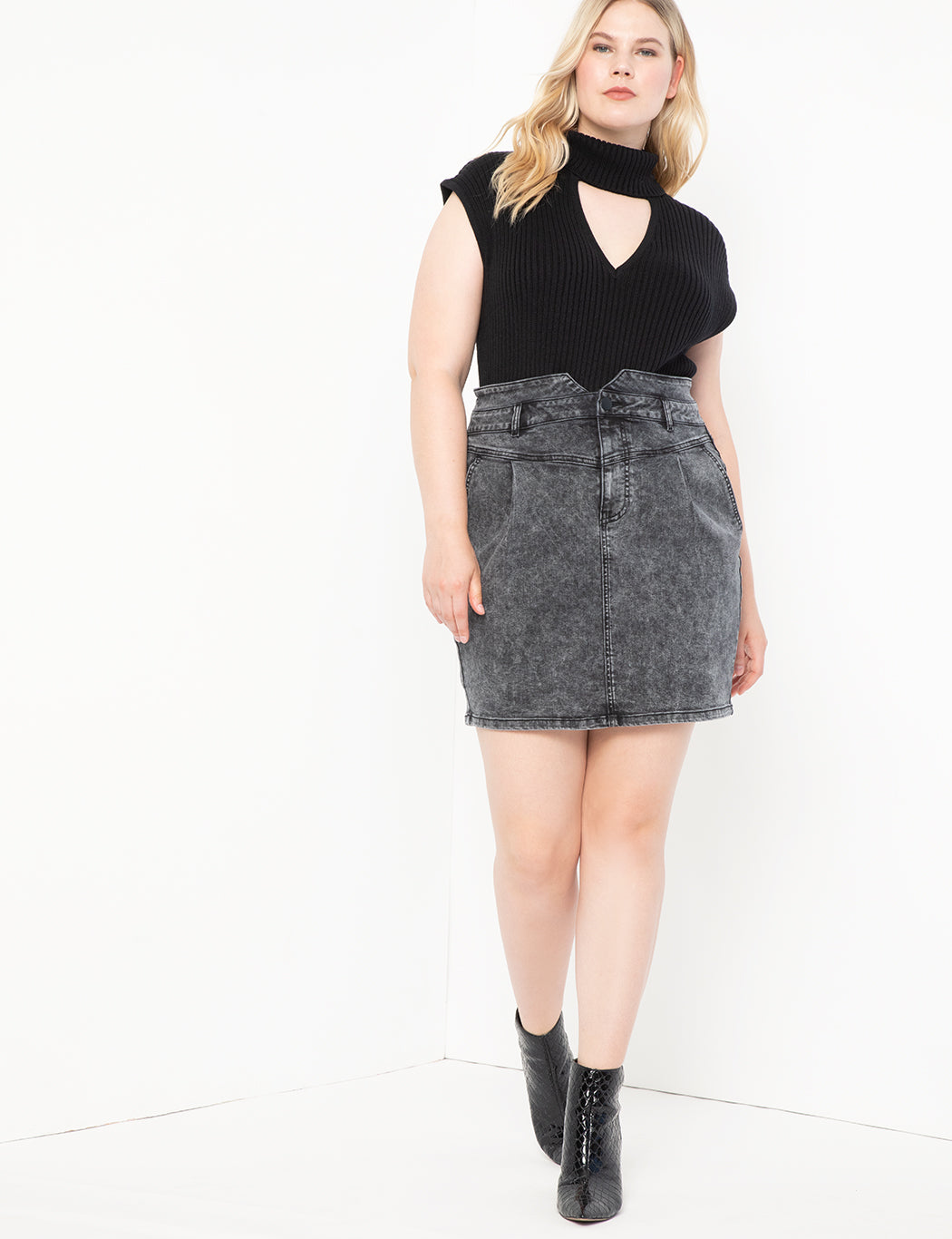 high waisted acid wash denim skirt