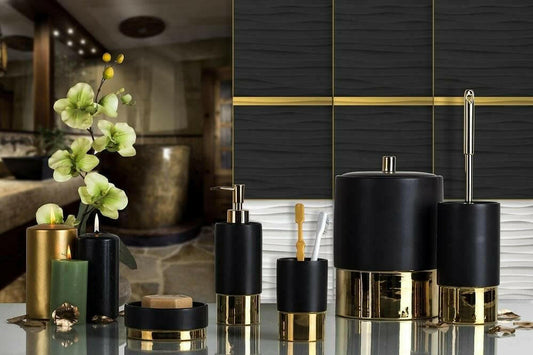 Anka Greek Key Black & Gold Bathroom Accessory Set, Luxury Bath Decor