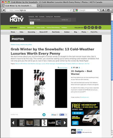 Screenshot of HGTV article highlighting Boot Dryers as Cold-weather luxury worth every penny