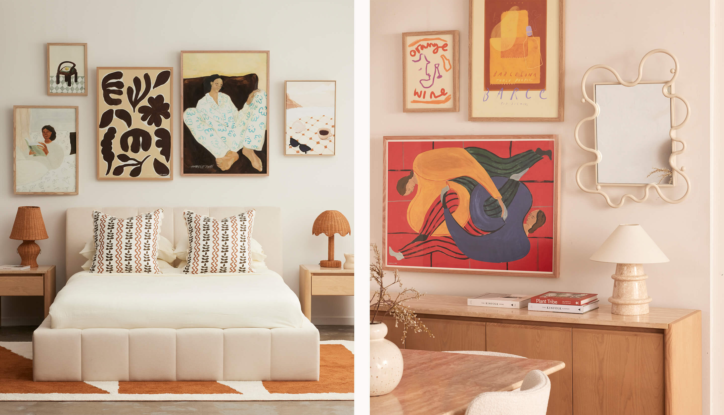 Top tips on how to style a feature art wall, including colourful artworks and mirrors. All available to shop online now!