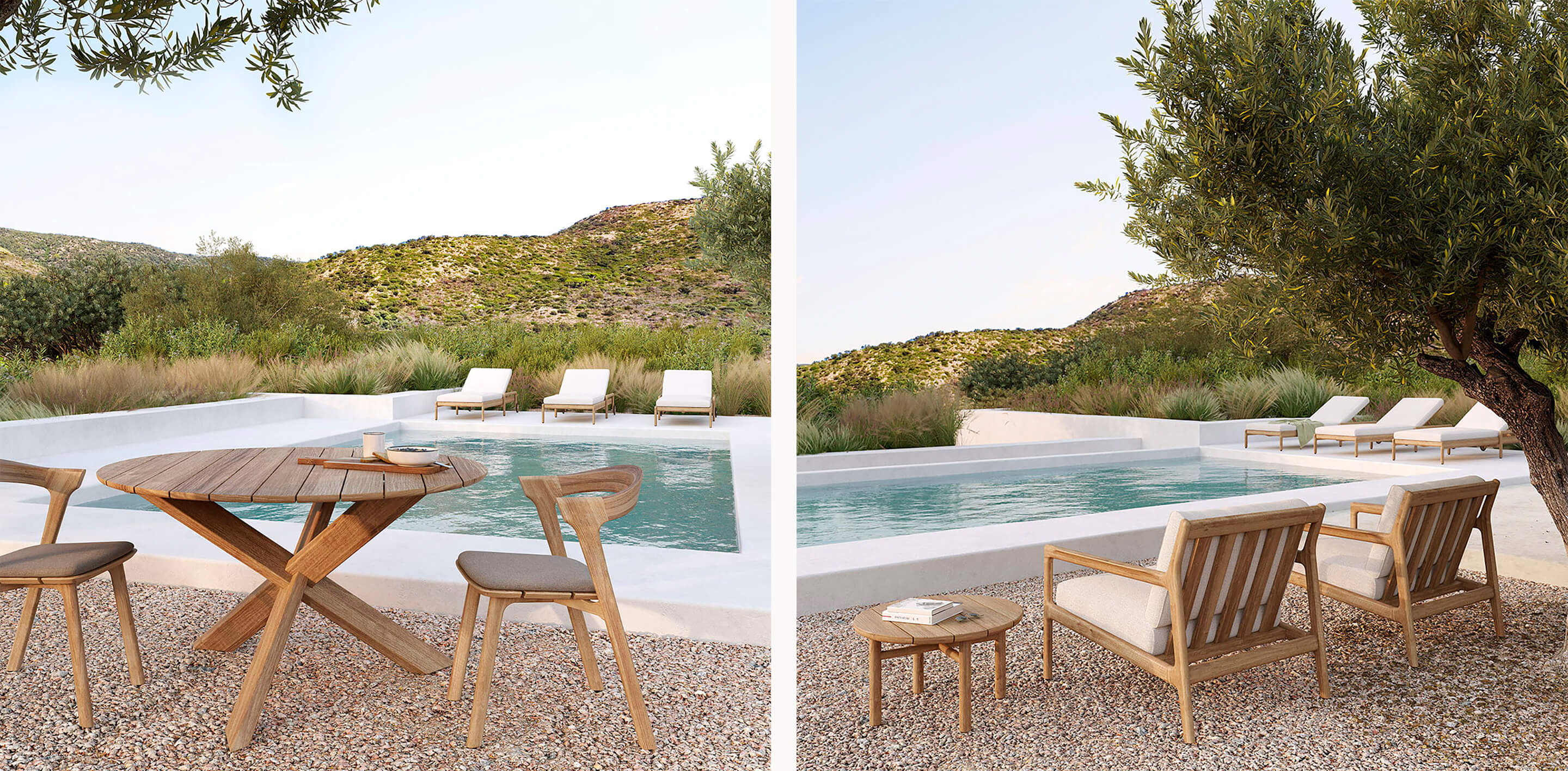 Enjoy your alfresco and outdoor spaces and soak in the sun in style with the new and inviting selection of outdoor furniture by Ethnicraft, including outdoor dining tables, dining chairs, and lounge chairs.