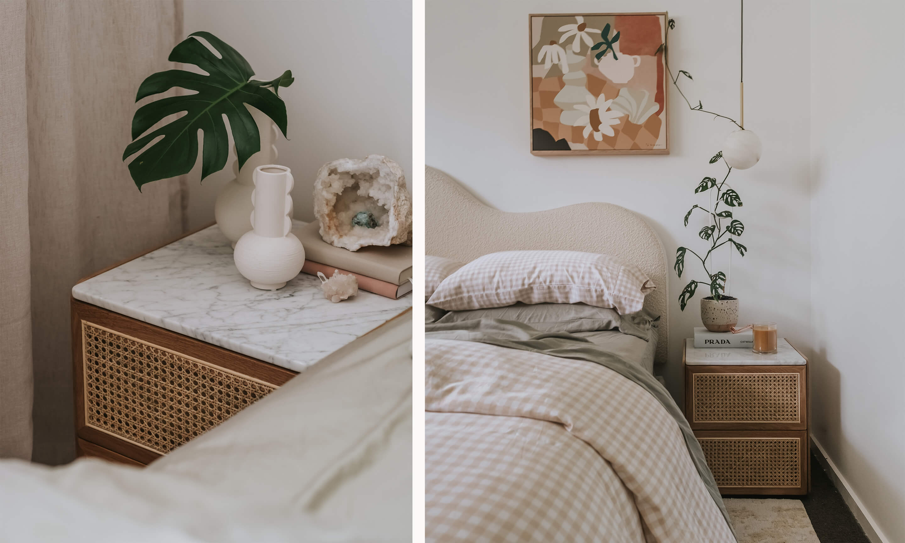 Our Delta Marble Rattan Bedsides as styled by Raffaela Sofia in her master bedroom, shop in-store or online now!